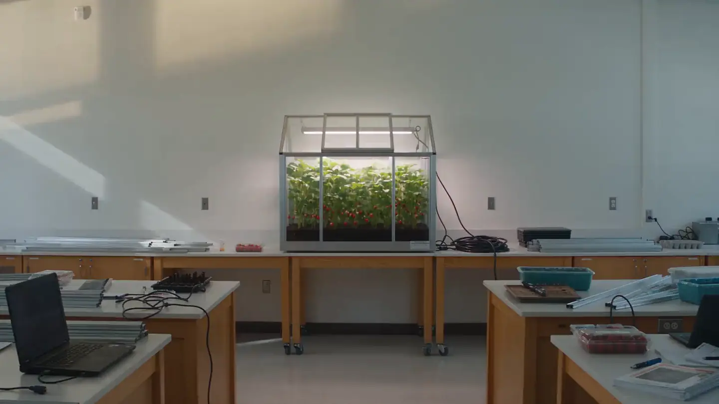 Timelapse illustrativo: un laboratorio vuoto si riempie, si monta una serra e le piante crescono