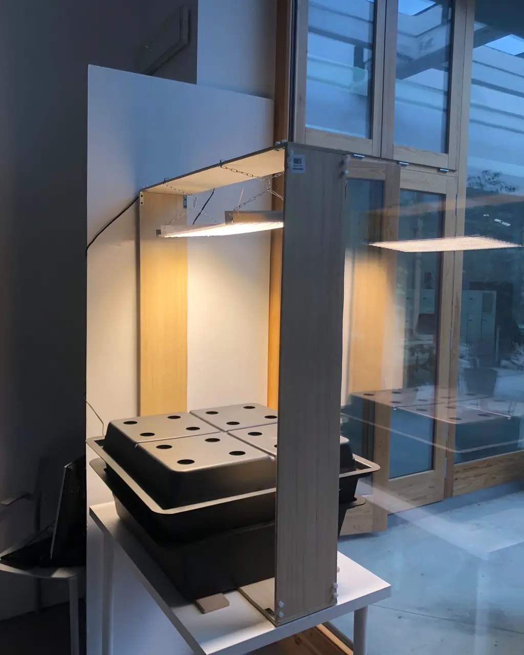 Un telaio di legno, la lampada LED appesa alle catene e la vasca sul tavolo. Il resto lo fanno le piante.